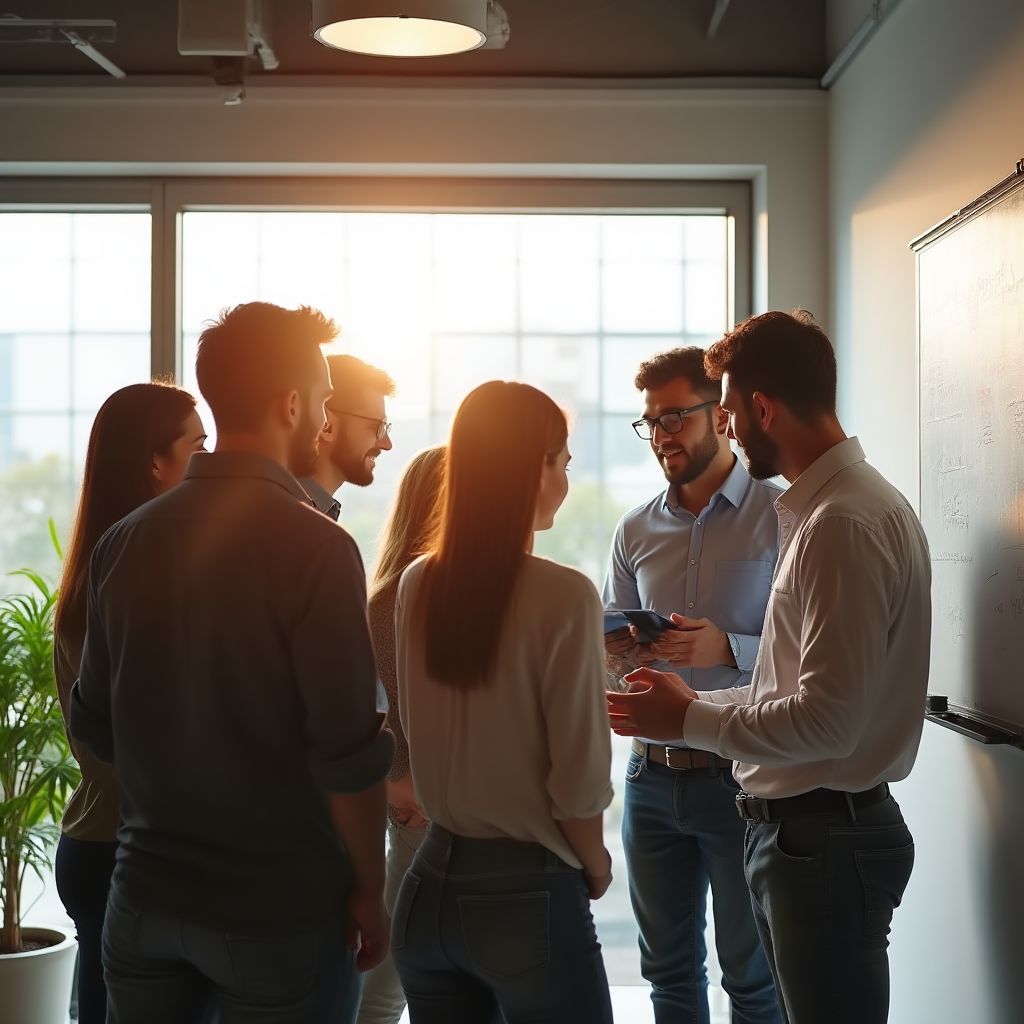 Equipo de startup colaborando en una oficina moderna